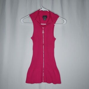 Dots Y2K Rib Knit Tank Medium Pink Stretch Diamond Sequin Zip Collar Going-Out